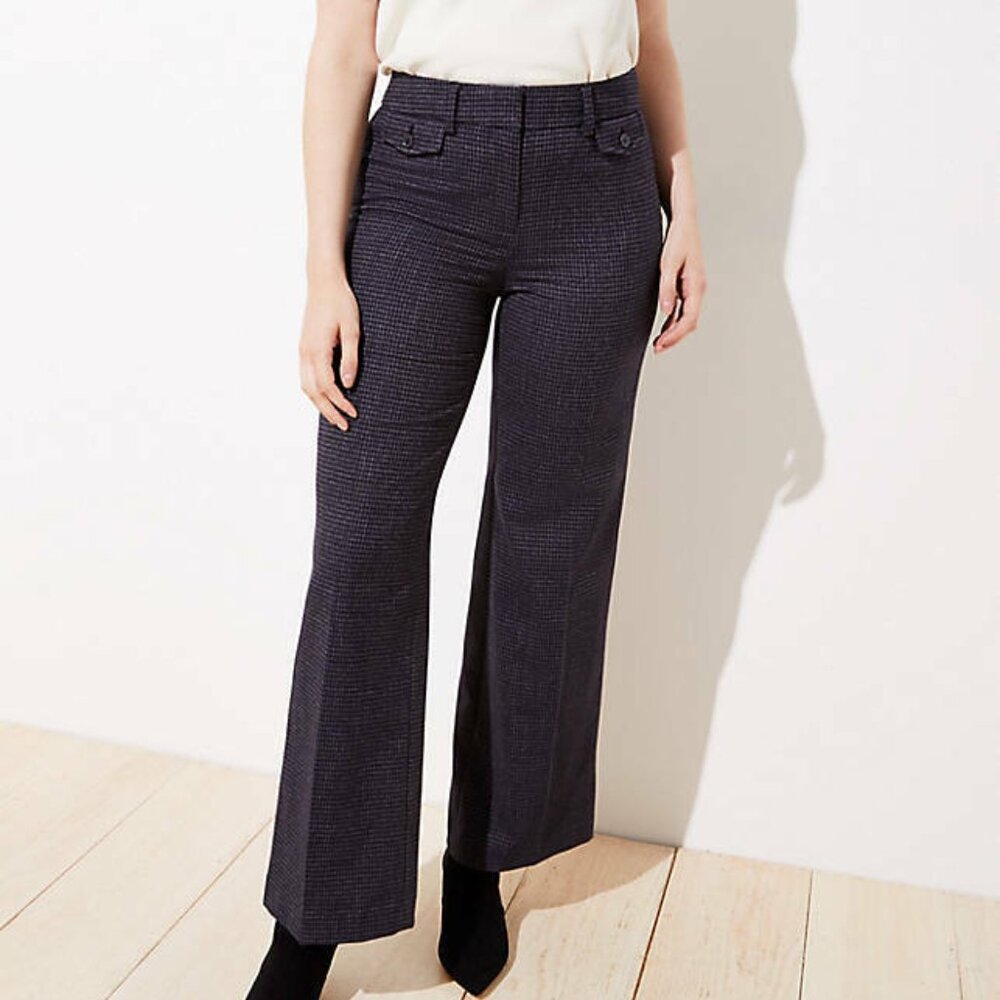 LOFT | Houndstooth Printed High-Waist Curvy Trouser Pants | Navy Blue | Size 12